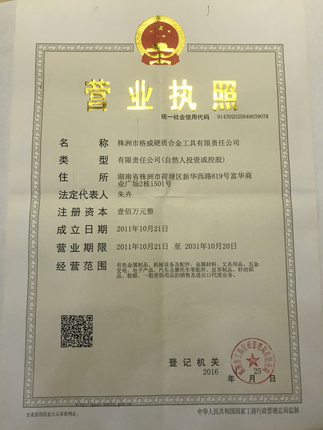 China Zhuzhou Grewin Tungsten Carbide Tools Co., Ltd certification